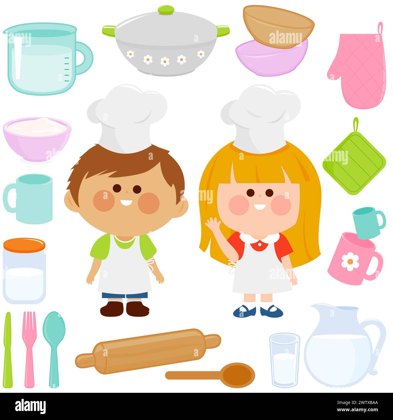 Cuocere i bambini alla panetteria. Cuochi per bambini con utensili da cucina. Utensili da cucina e stoviglie per cucinare e cucinare in casa. Foto Stock