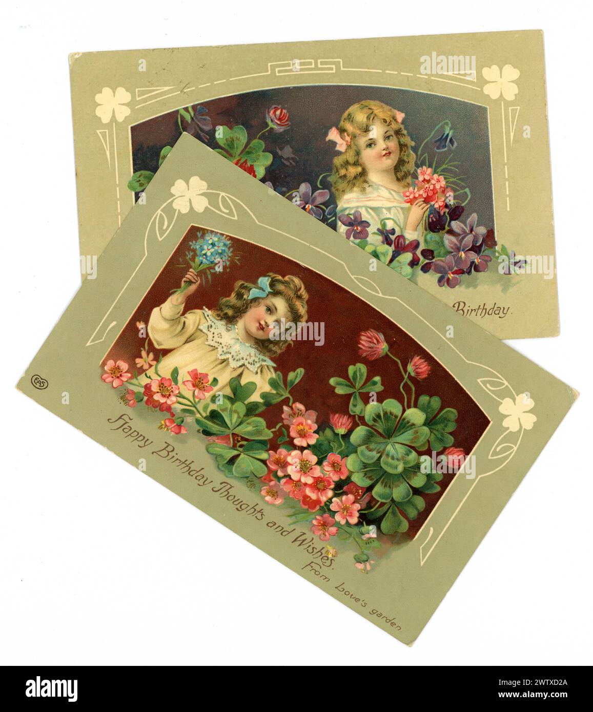 Originali e affascinanti biglietti di auguri per il compleanno edoardiano dei primi anni '1900, di ragazze dolci, che tengono fiori bouque, con un bordo di fiori,. Pubblicato E.A. Schwerdtfeger Co. Londra. Datato / pubblicato e 14 maggio 1910 4 maggio 1913, Regno Unito Foto Stock