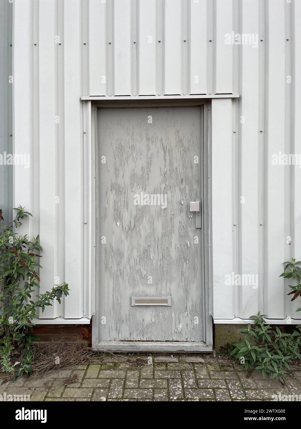 Una porta vecchia in un ambiente industriale con piante infestanti che crescono nelle vicinanze Foto Stock