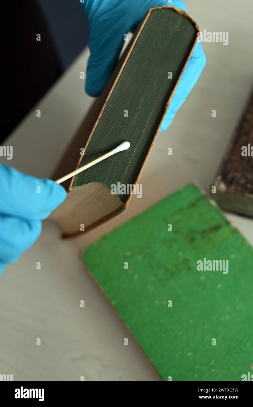 Duesseldorf, Germania. 20 marzo 2024. Un dipendente della Düsseldorf University and State Library preleva un campione da un libro che potrebbe essere contaminato con arsenico. Poiché l'arsenico tossico potrebbe contaminare singoli libri del XIX secolo, le biblioteche della Renania settentrionale-Vestfalia stanno esaminando le loro collezioni. L'arsenico è tossico e cancerogeno. L'attenzione è rivolta in particolare all'intenso "verde Schweinfurt", un pigmento utilizzato per colorare legature o tagli di libri. Crediti: Federico Gambarini/dpa/Alamy Live News Foto Stock