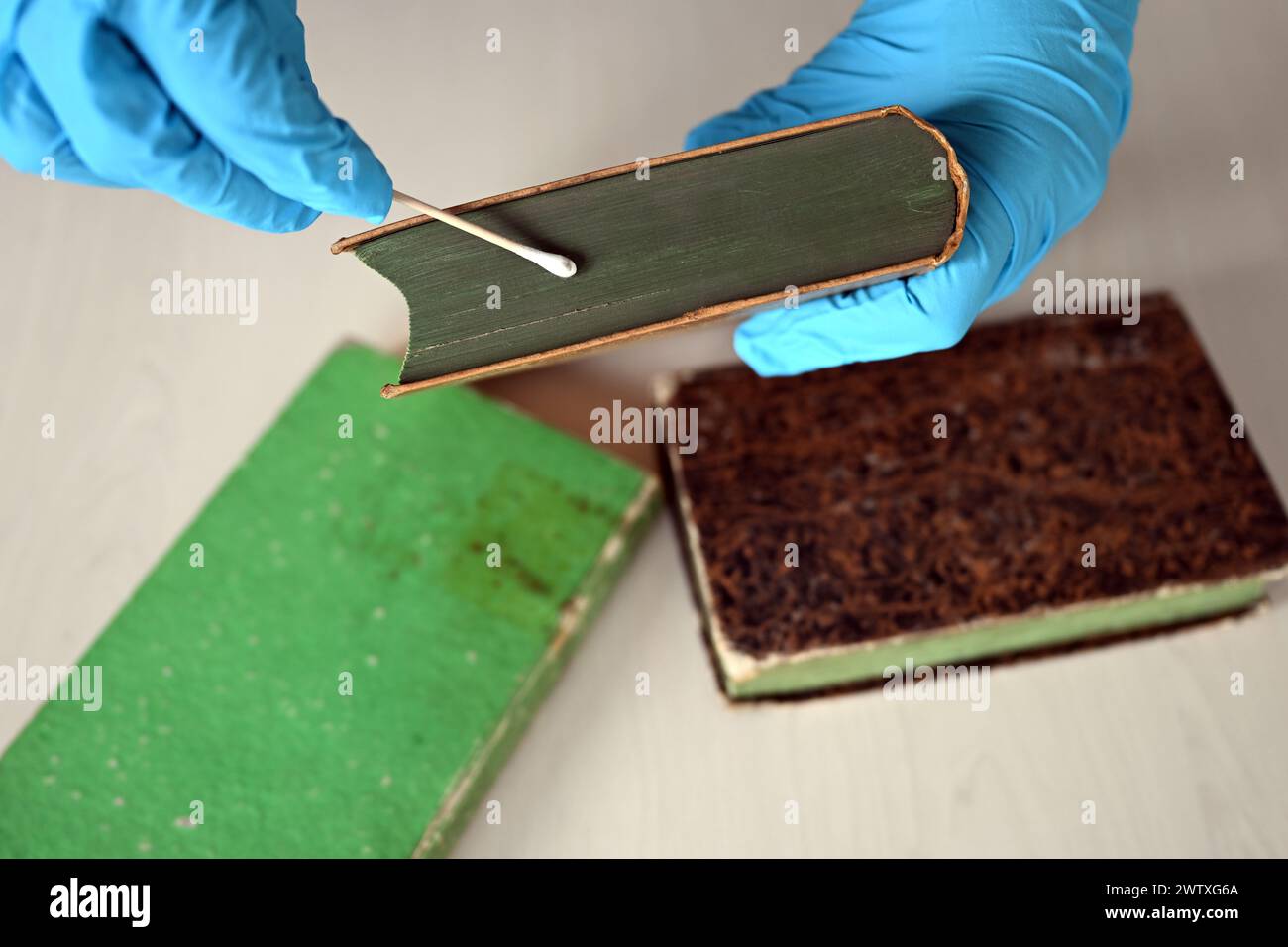 Duesseldorf, Germania. 20 marzo 2024. Un dipendente della Düsseldorf University and State Library preleva un campione da un libro che potrebbe essere contaminato con arsenico. Poiché l'arsenico tossico potrebbe contaminare singoli libri del XIX secolo, le biblioteche della Renania settentrionale-Vestfalia stanno esaminando le loro collezioni. L'arsenico è tossico e cancerogeno. L'attenzione è rivolta in particolare all'intenso "verde Schweinfurt", un pigmento utilizzato per colorare legature o tagli di libri. Crediti: Federico Gambarini/dpa/Alamy Live News Foto Stock