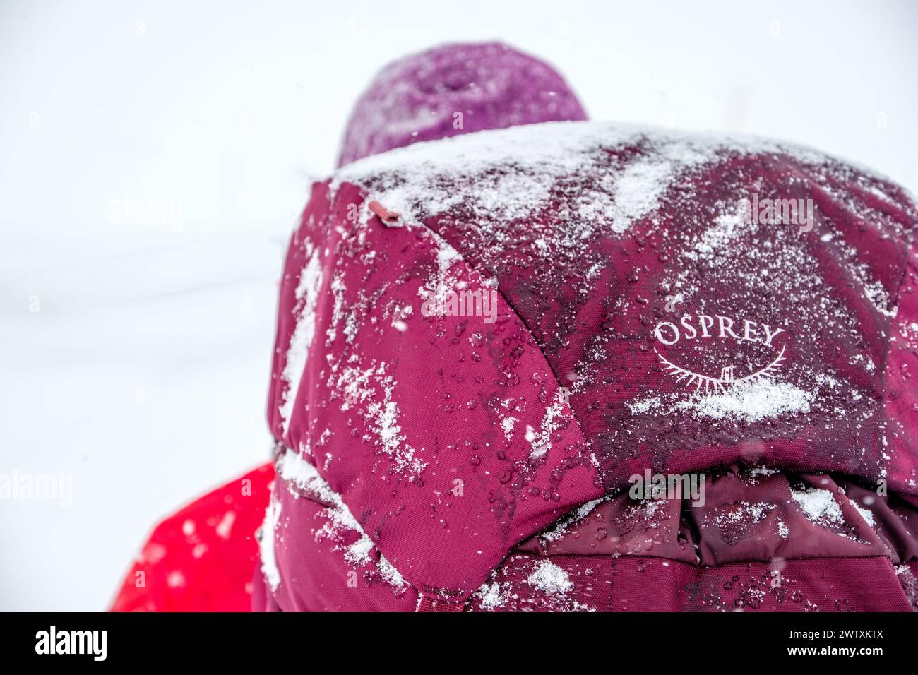 Uno zaino invernale che porta con sé uno zaino Osprey con una spolverata di neve Foto Stock