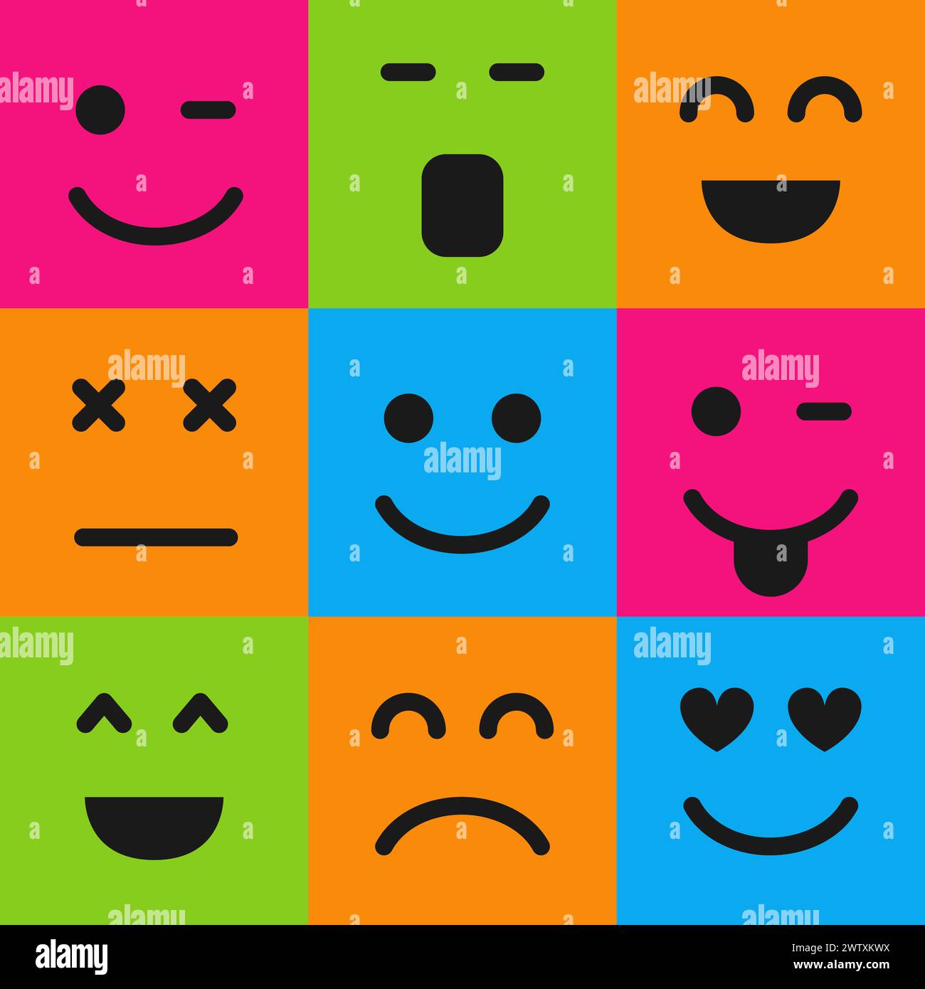 Set di nove emoticon colorate. Icona emoji nel quadrato. Ripetizione di sfondo piatta. Illustrazione vettoriale Illustrazione Vettoriale