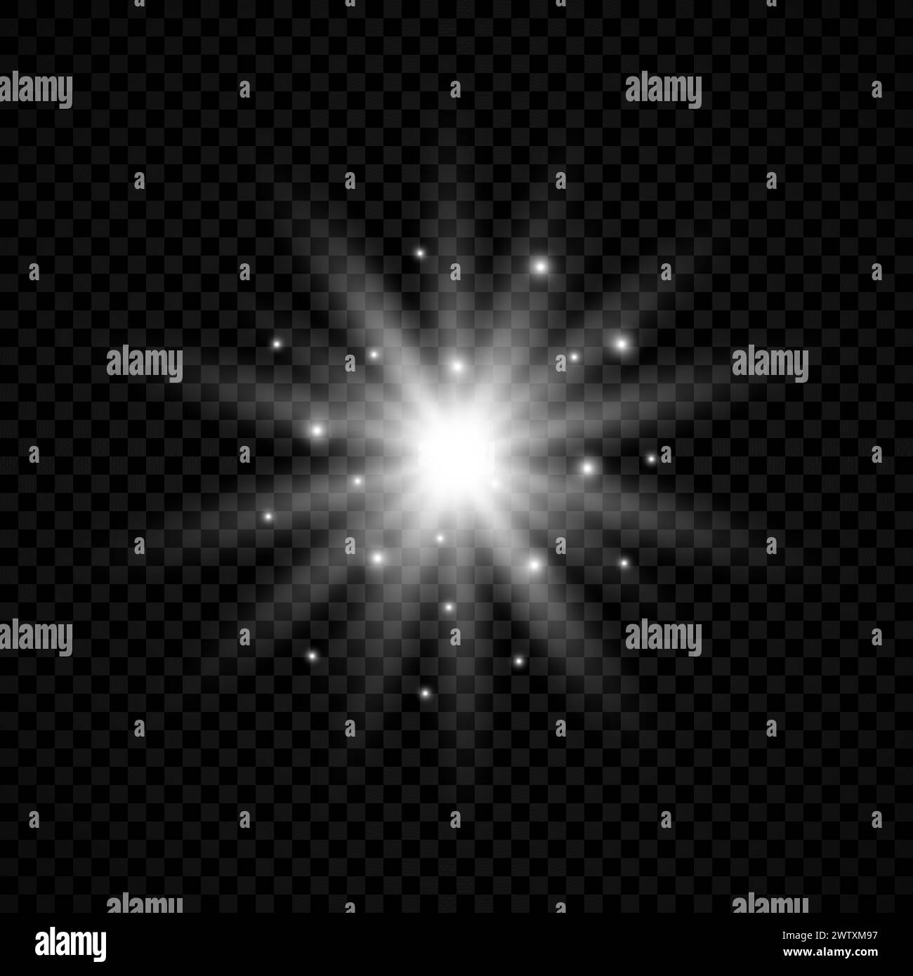 Effetto luminoso dei brillamenti dell'obiettivo. Le luci bianche brillano con effetti esplosivi su uno sfondo trasparente. Illustrazione vettoriale Illustrazione Vettoriale