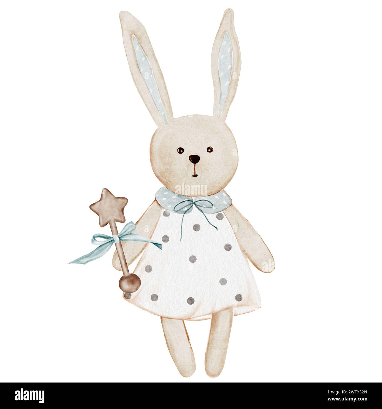 Giocattolo per bambini. Coniglietto acquerello disegnato a mano su sfondo bianco isolato. Lussuosa lepre retrò per giochi per bambini in un abito con sonaglino. Per la progettazione Foto Stock