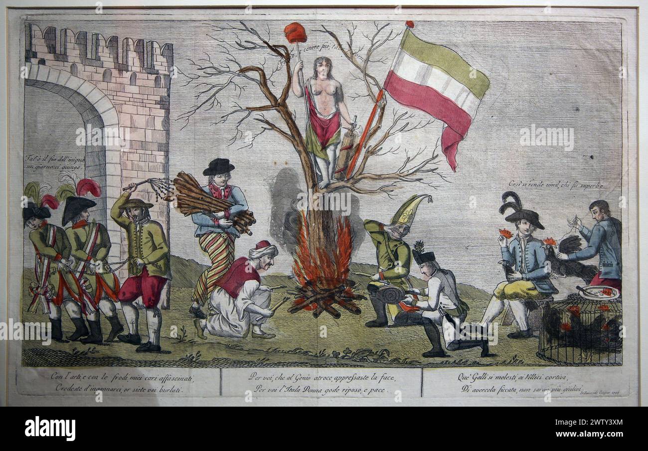Allegorie contro l'occupazione francese. L'Italia ingannata dagli ideali repubblicani. Incisione, 1799 Foto Stock