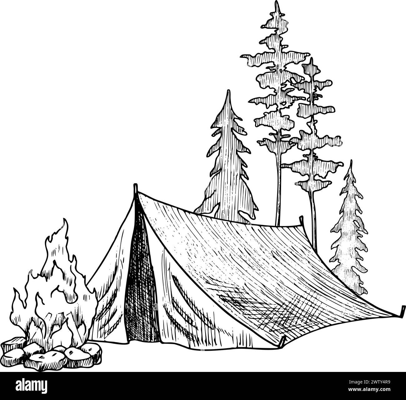 Tenda da campo e fuoco in una foresta. Illustrazione vettoriale di campeggio, camino e alberi in stile artistico. Incisione di paesaggi boschivi dipinti da inchiostri neri. Incisione per l'icona o il logo di viaggio. Illustrazione Vettoriale