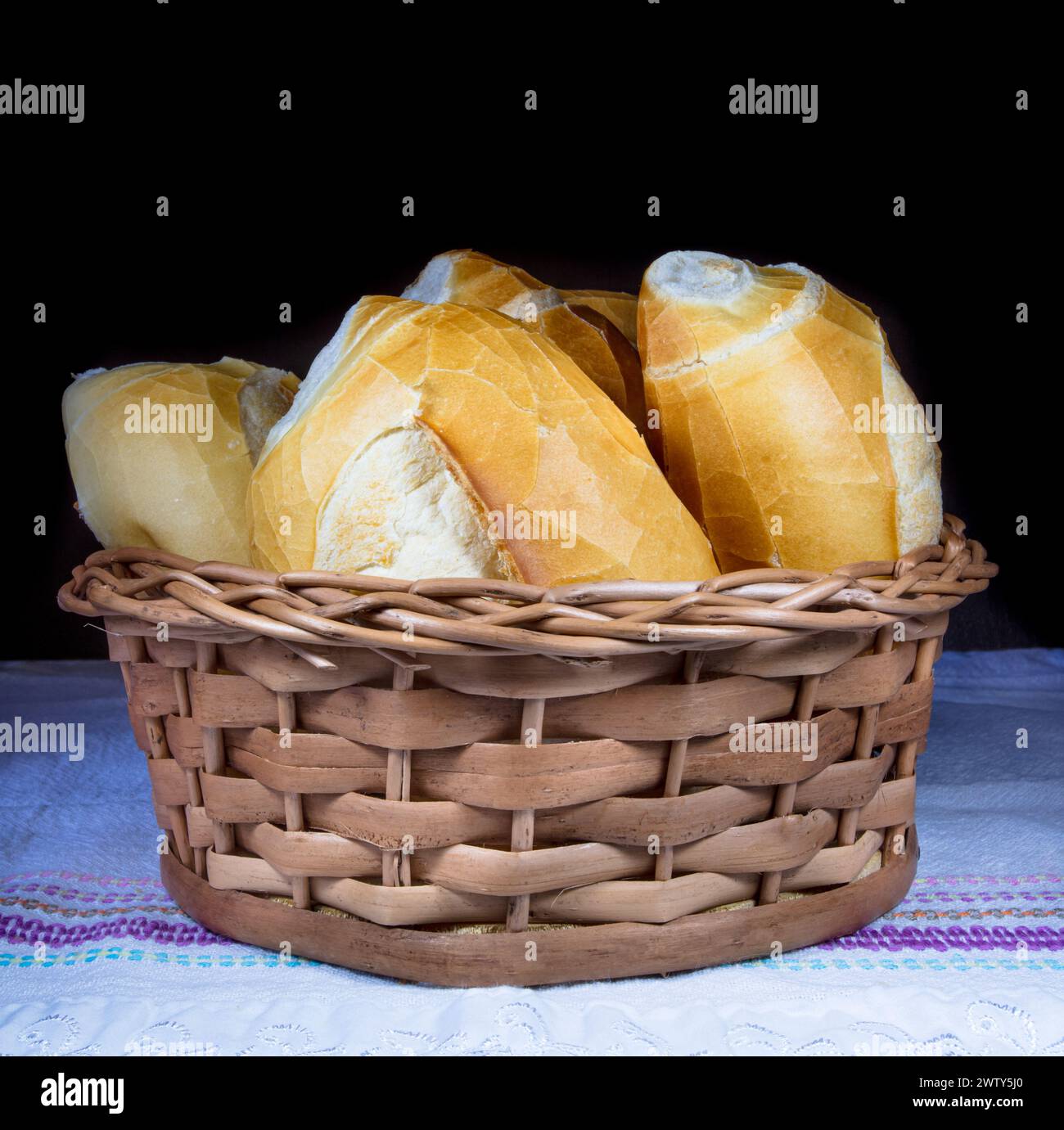 Pane appena sfornato in un cestello su una tovaglia a strisce blu e bianche Foto Stock