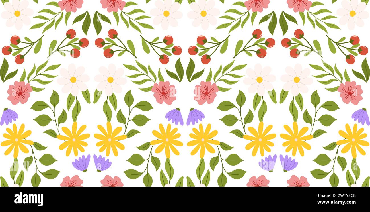 Disposizione perfetta con elementi floreali. Design ripetuto ispirato alla botanica con fiori bianchi, gialli e lilla, fiori di ciliegio rosa, ramoscello Illustrazione Vettoriale