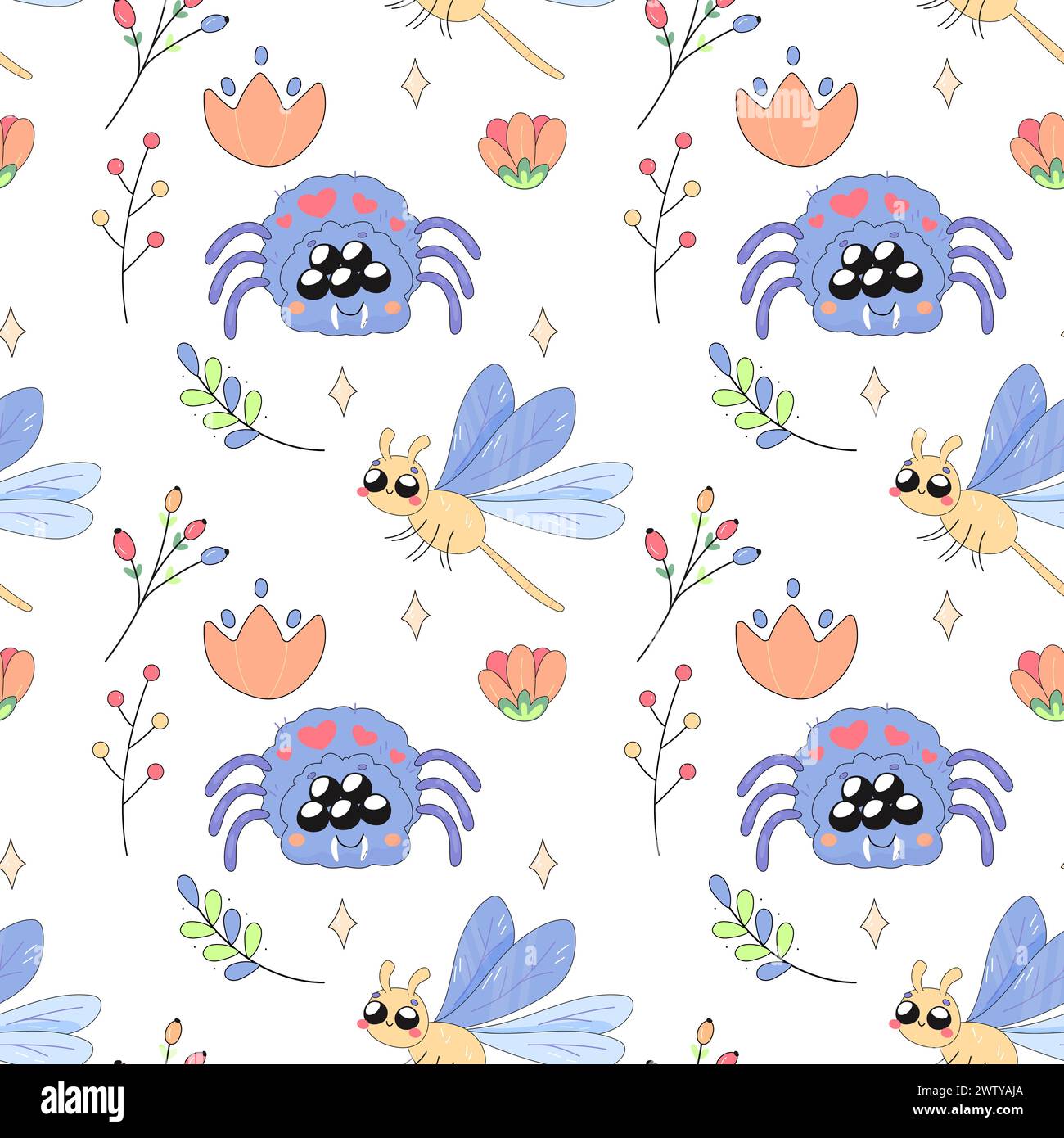 Motivo senza cuciture, semplice libellula, insetto insetto, cartone animato, bambino, su sfondo bianco per tessuto, carta da imballaggio Illustrazione Vettoriale