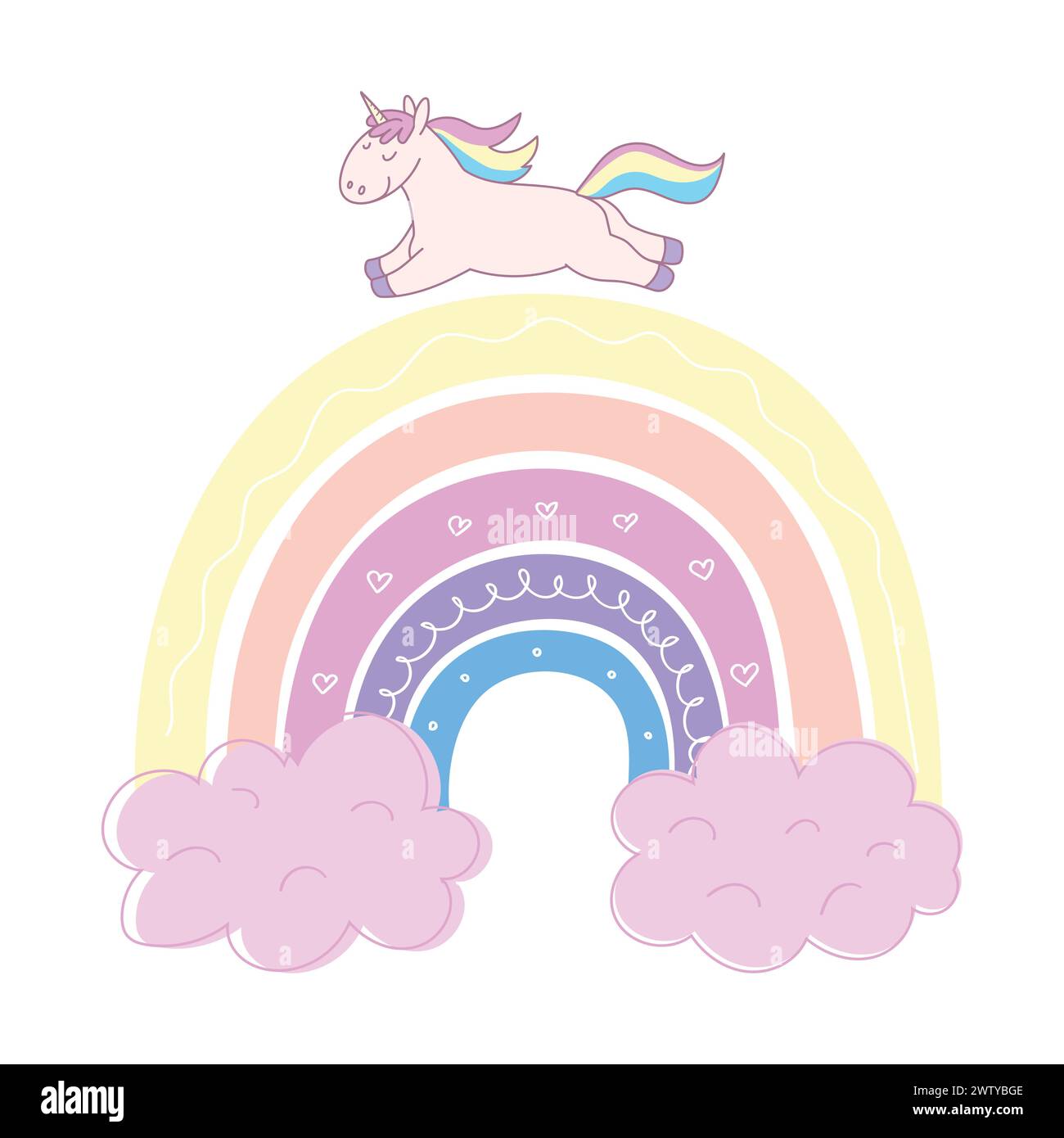 Arcobaleno disegnato a mano per bambini con un simpatico unicorno. Decorazioni arcobaleno in colori caramellati. Design per bambini. Illustrazione vettoriale Illustrazione Vettoriale