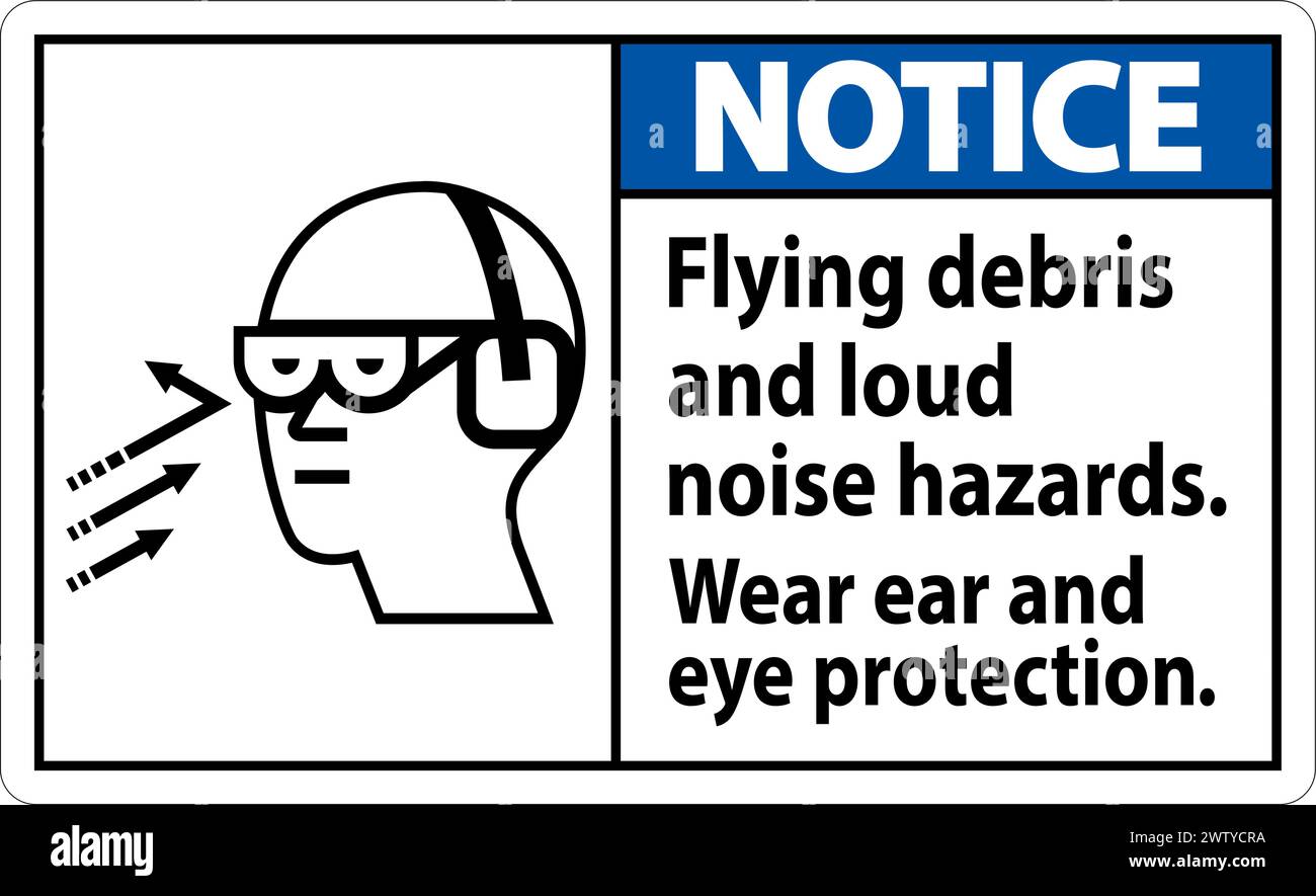 Un cartello segnaletico che indica la necessità di indossare protezioni per gli occhi e le orecchie a causa di detriti volanti e di forti rischi di rumore. Illustrazione Vettoriale