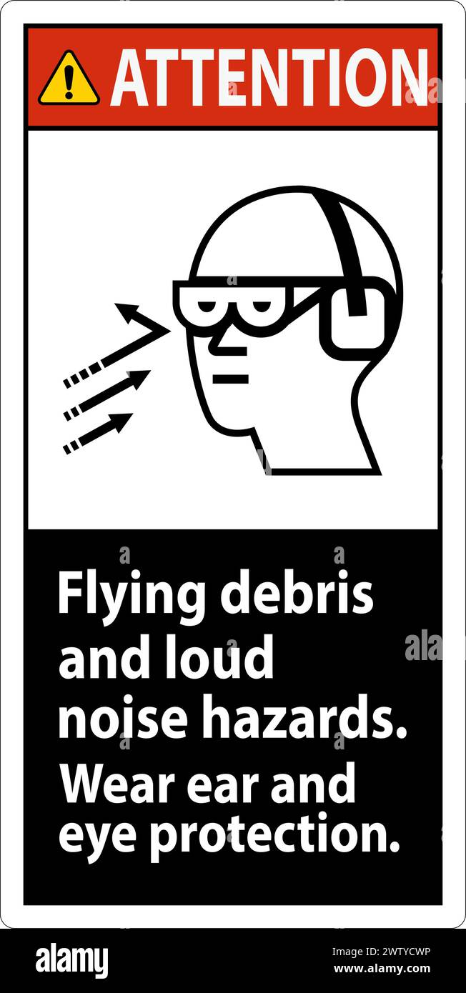 Un segnale di attenzione che indica la necessità di indossare protezioni per gli occhi e le orecchie a causa dei detriti volanti e dei forti rischi di rumore. Illustrazione Vettoriale