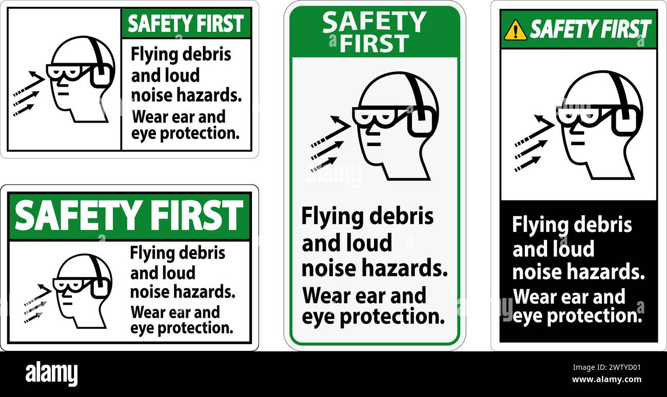 Un cartello Safety First che indica la necessità di indossare protezioni per gli occhi e le orecchie a causa di detriti volanti e forti rischi di rumore. Illustrazione Vettoriale