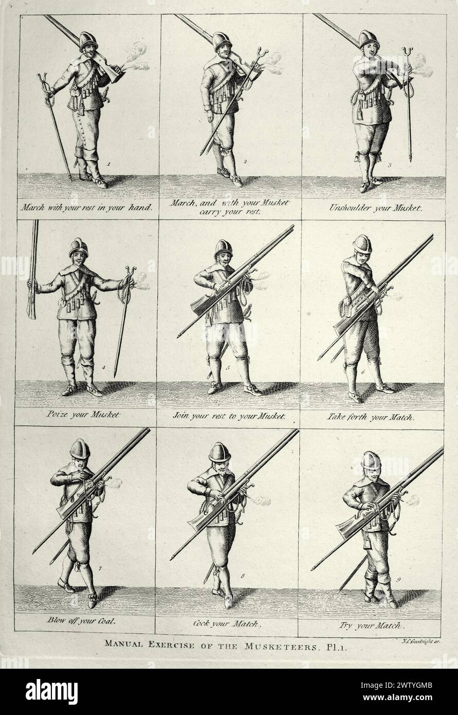 Illustrazione d'epoca, soldato inglese, moschettiere, esercitazione con il moschetto, fanteria, storia militare, armi del XVII secolo Foto Stock