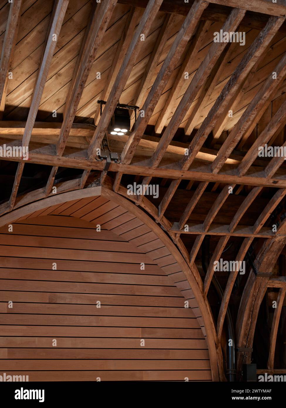 Struttura in legno del soffitto. Brighton Dome Corn Exchange and Studio Theatre, Brighton, Regno Unito. Architetto: Feilden Clegg Bradley Studios LLP, 2 Foto Stock