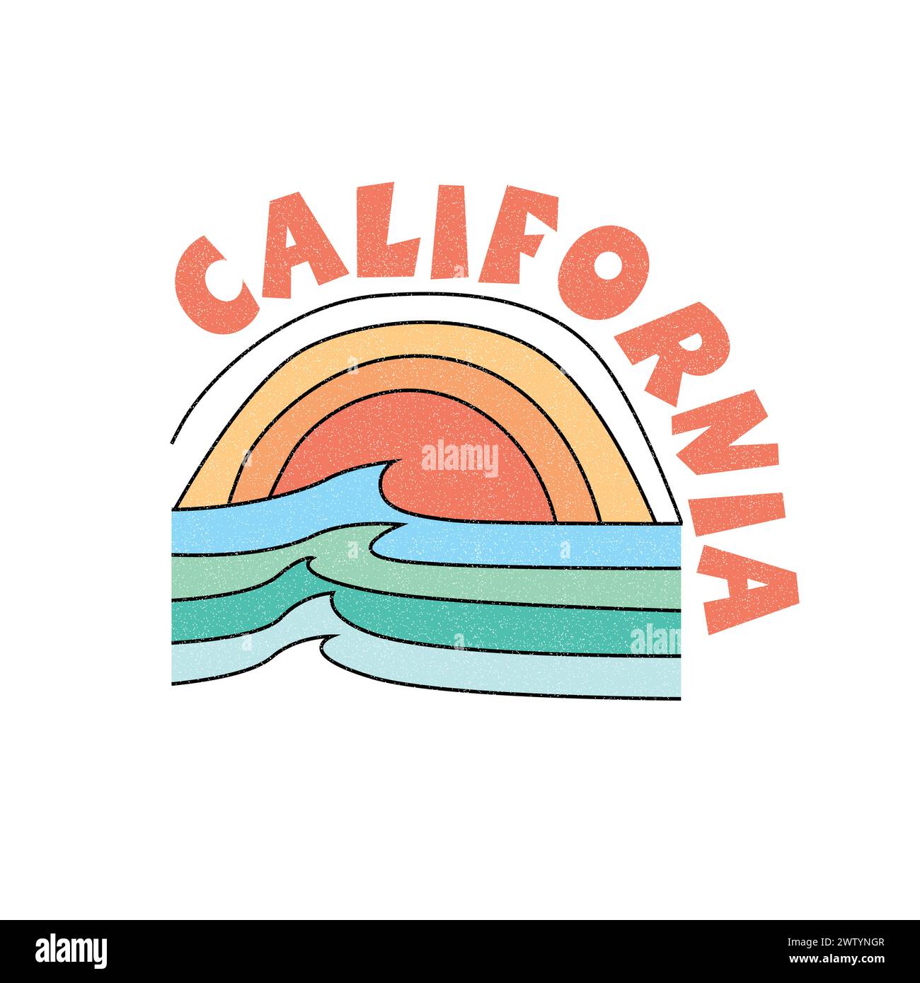 Grafica della spiaggia californiana Sunshine WAVE T-shirt con stampa vettoriale Illustrazione Vettoriale