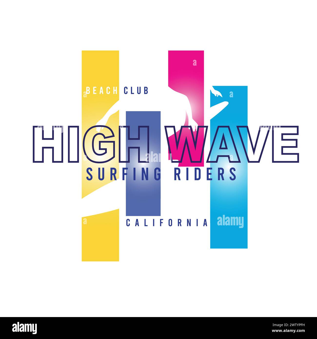 T-shirt surf Graphic High Wave Typography colorata California Beach Surf t shirt poster grafica grafica vettoriale Illustrazione Vettoriale