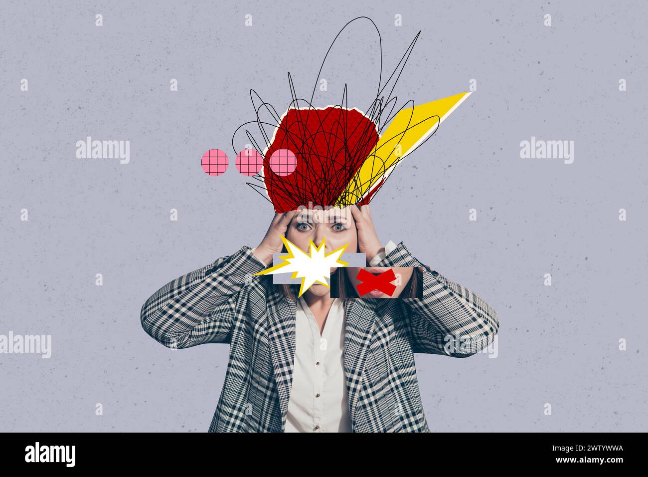 Collage fotografico immagine creativa giovane donna disordine caos disegnare scarabocchi stupore panico sovraccarico di lavoro problema mentale Foto Stock