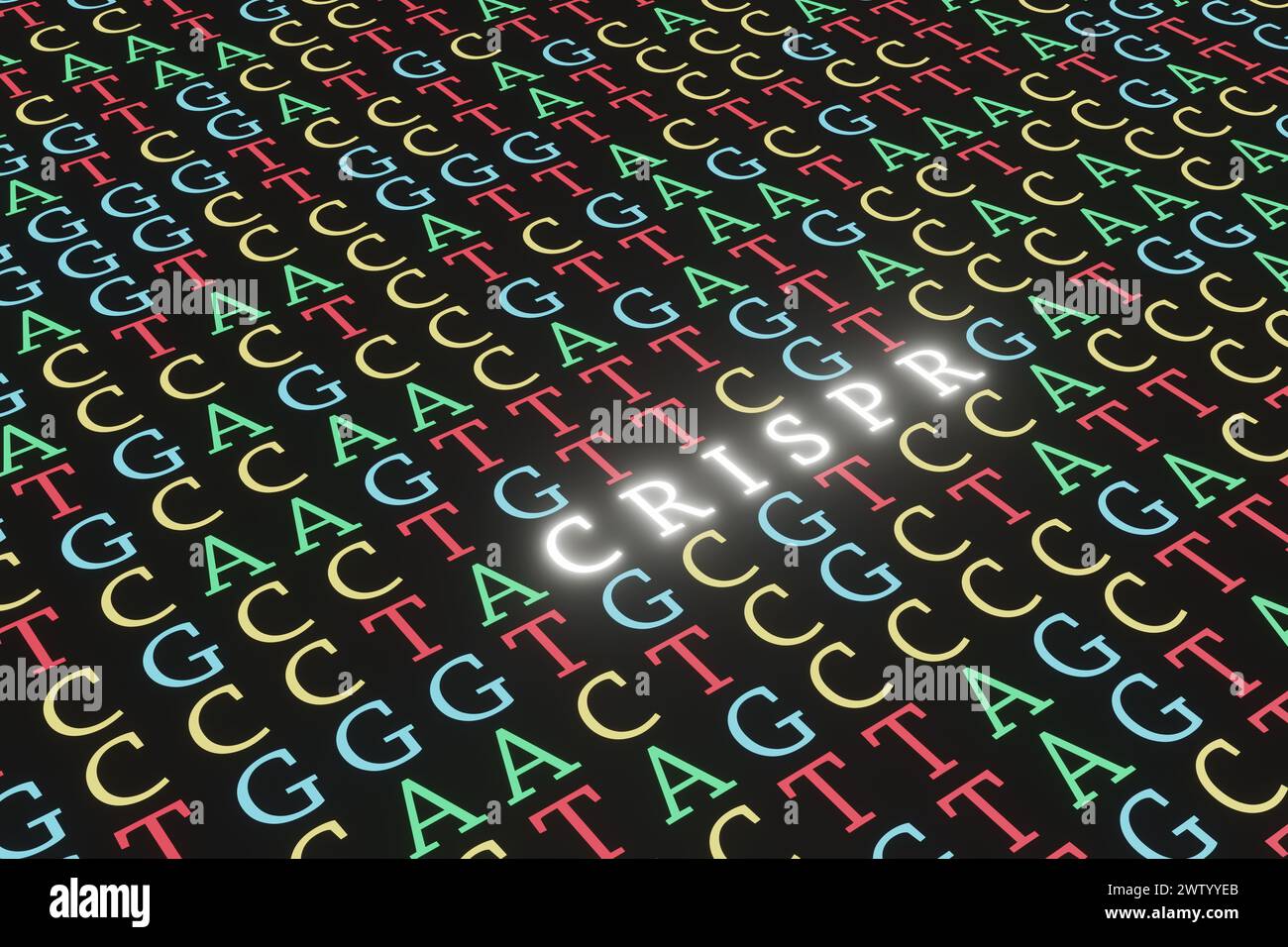 Lettere colorate di ACGT riempiono completamente l'intero schermo nero con sezione modificata in alfabeto bianco brillante CRISPR. Modifica genoma della sequenza del DNA Foto Stock