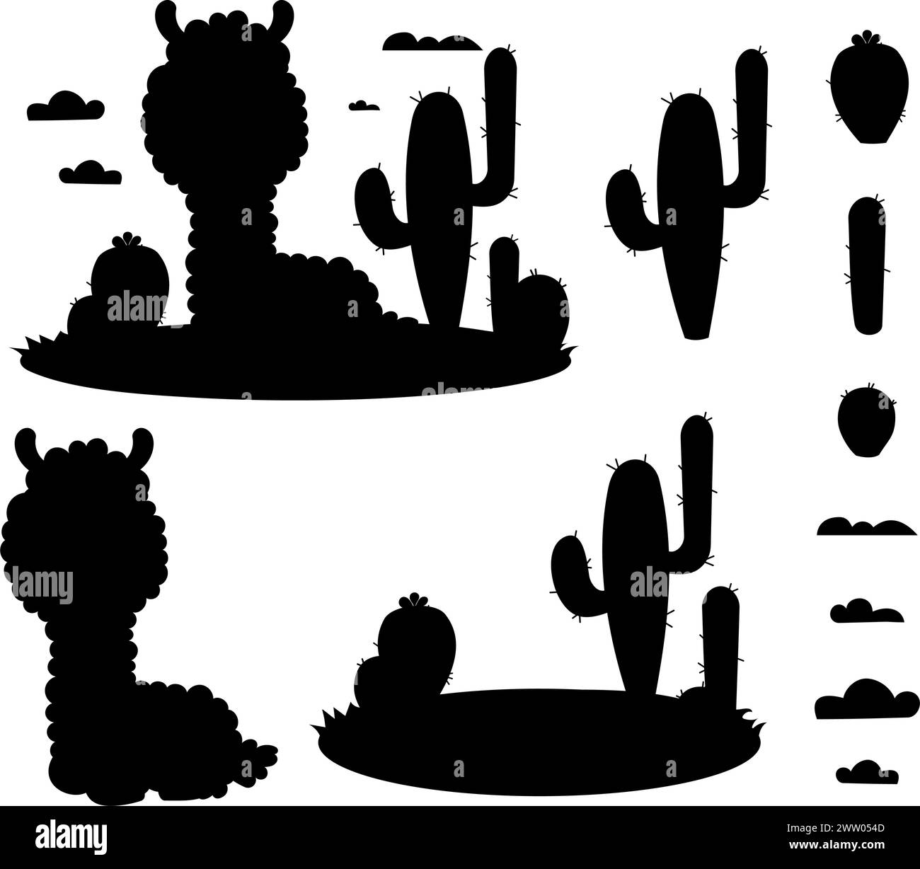 Silhouette della collezione di lama e cactus. Disegni isolati alpaca animale, glade, cactus e nuvole. Mano nera disegnata. Illustrazione vettoriale Illustrazione Vettoriale