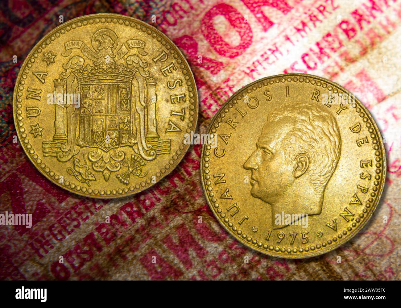 Una moneta di peseta spagnola, re Juan Carlos Foto Stock