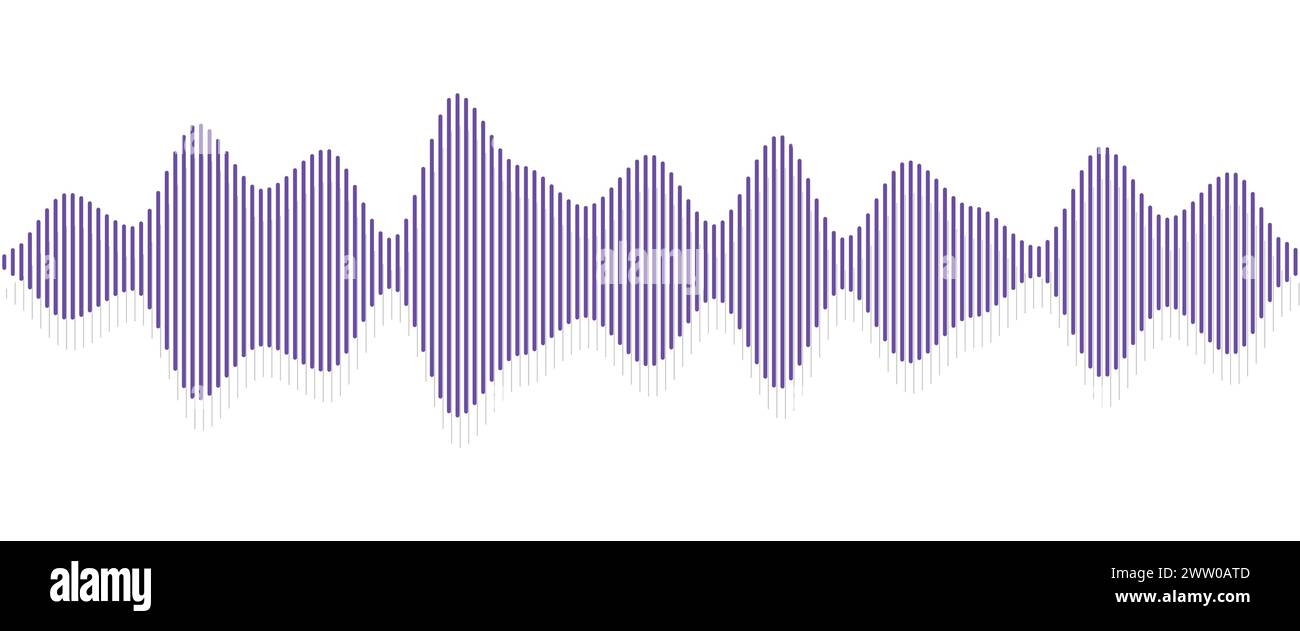 Sequenza di onde sonore senza interruzioni. Forma d'onda audio per radio, podcast, registrazione musicale, video, social media. Viola con ombra. Illustrazione Vettoriale