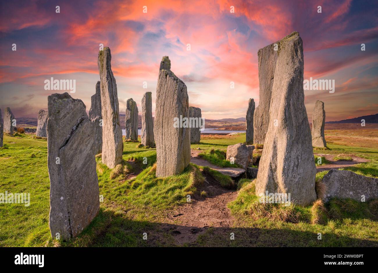 Callanish Standing Stones o Callanish Stone Circle. Il neolitico Callanish Stones sull'Isola di Lewis, Ebridi esterne, Scozia, Regno Unito Foto Stock