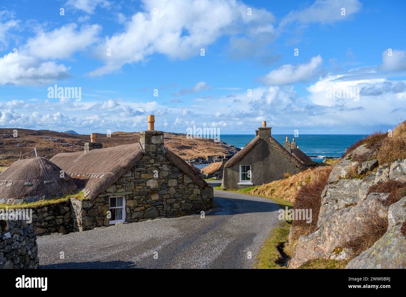Garenin Blackhouse Village, Gearrannan, Isola di Lewis, Ebridi esterne, Scozia, REGNO UNITO Foto Stock