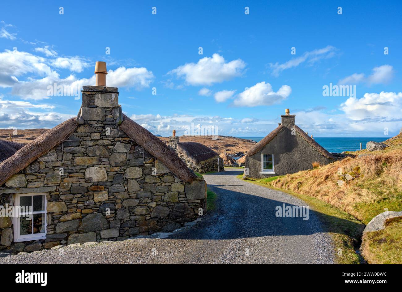 Garenin Blackhouse Village, Gearrannan, Isola di Lewis, Ebridi esterne, Scozia, REGNO UNITO Foto Stock