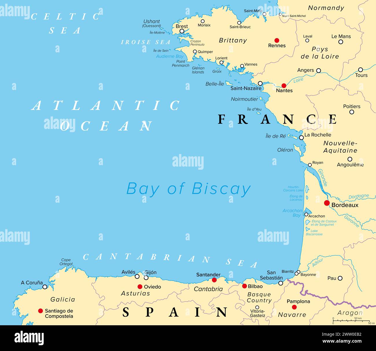 Baia di Biscaglia, anche Golfo di Guascogna, mappa politica. Golfo dell'Oceano Atlantico nord-orientale, situato a sud del Mar Celtico, lungo la costa settentrionale della Spagna. Foto Stock