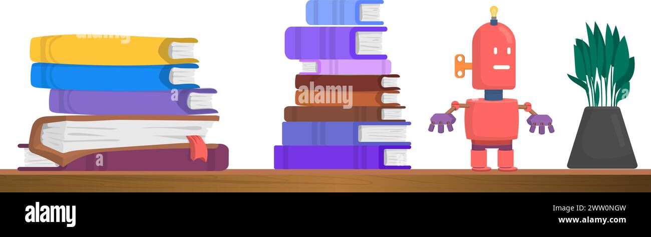 Ripiano in legno con pile di libri e giocattoli. Arredi per camere Illustrazione Vettoriale