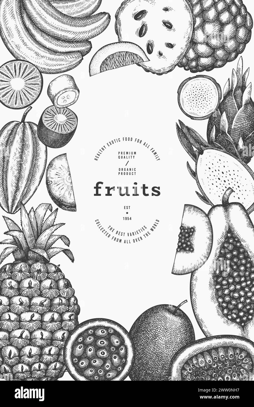 Modello di design per frutta tropicale. Banner Vector Handdrawn Exotic Fruit. Illustrazione del menu in stile vintage. Foto Stock