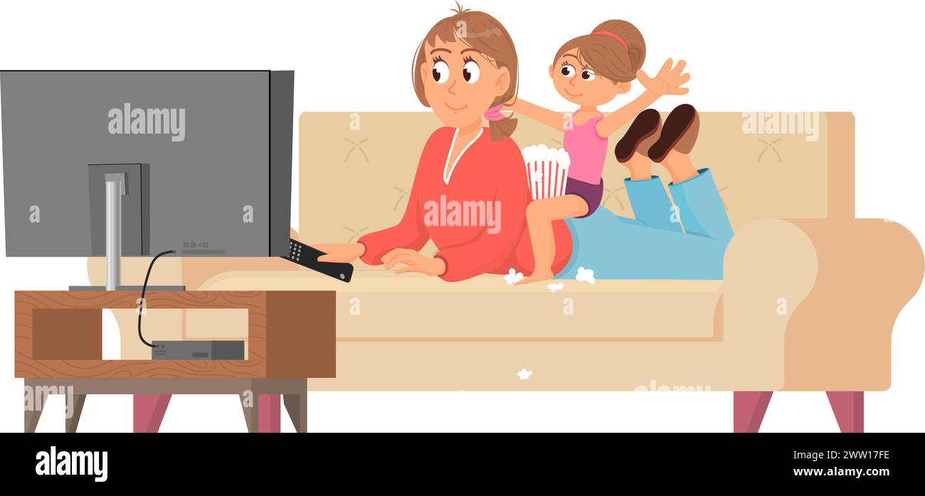 Madre e figlia sul divano che guardano la tv. Genitori e figli felici Illustrazione Vettoriale