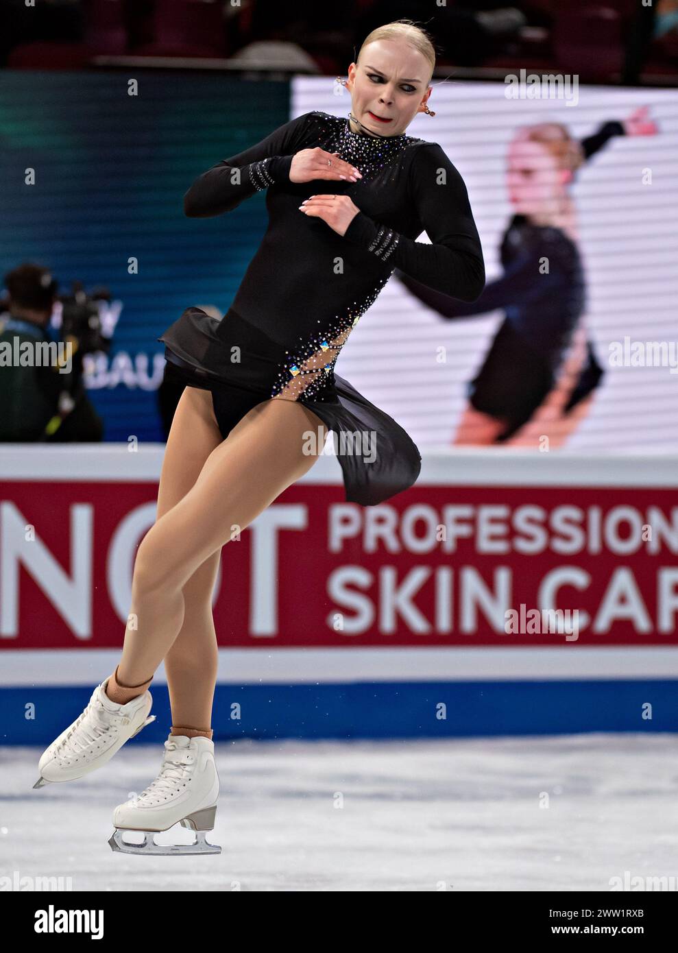 Montreal, Canada. 20 marzo 2024. Nataly Langerbaur dell'Estonia gareggia durante il programma femminile corto ai Campionati mondiali di pattinaggio di figura dell'Unione Internazionale di pattinaggio di figura al Bell Centre di Montreal, Canada, il 20 marzo 2024. Crediti: Andrew Soong/Xinhua/Alamy Live News Foto Stock