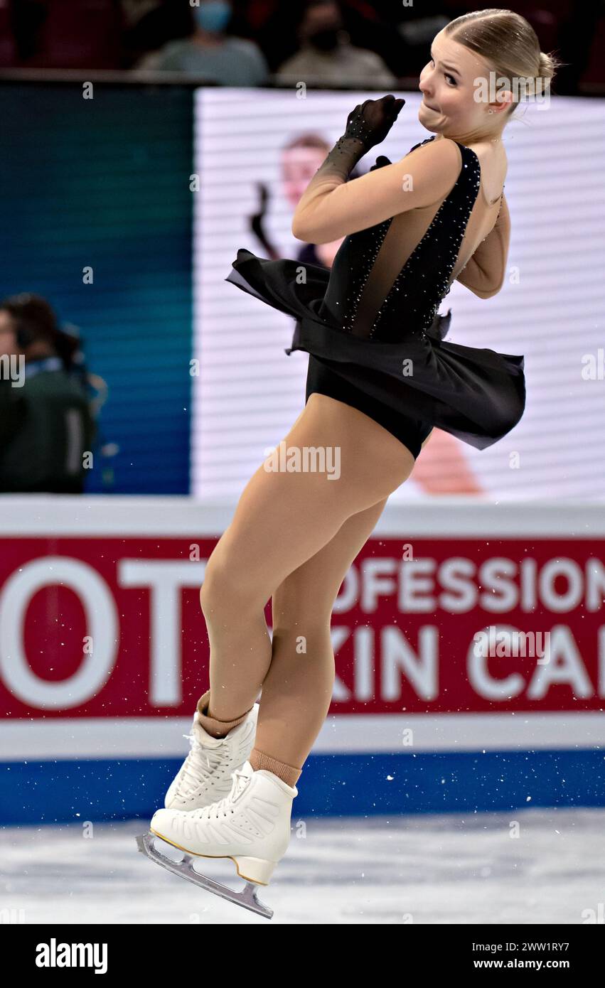 Montreal, Canada. 20 marzo 2024. La finlandese nella Pelkonen gareggia durante il programma femminile corto ai Campionati mondiali di pattinaggio di figura dell'Unione Internazionale di pattinaggio di figura al Bell Centre di Montreal, Canada, il 20 marzo 2024. Crediti: Andrew Soong/Xinhua/Alamy Live News Foto Stock