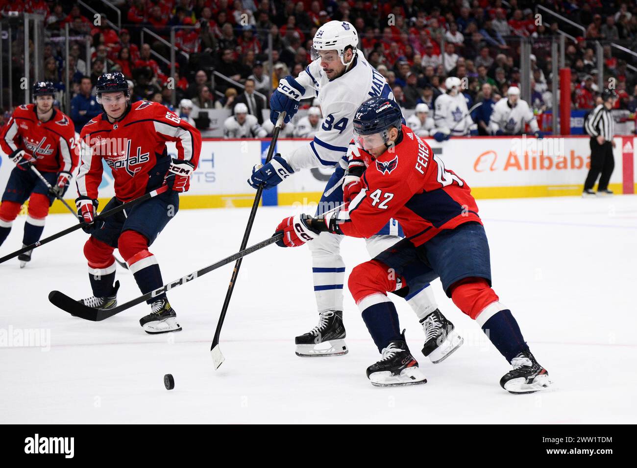 Toronto Maple Leafs center Auston Matthews (34) battles for the puck against Washington Capitals defenseman Martin Fehervary (42) during the second period of an NHL hockey game, Wednesday, March 20, 2024, in Washington. (AP Photo/Nick Wass) Foto Stock