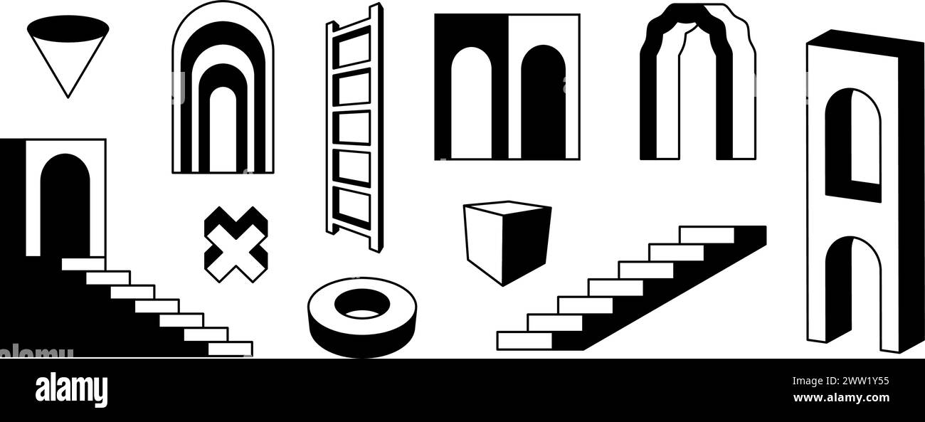 Delinea scale e set di archi. Collezione di elementi geometrici surreali in bianco e nero. porta ad arco prospettico 3d, scala, gruppo cancello. Forme retrò per collage, poster, striscioni. Pacchetto grafica vettoriale Illustrazione Vettoriale