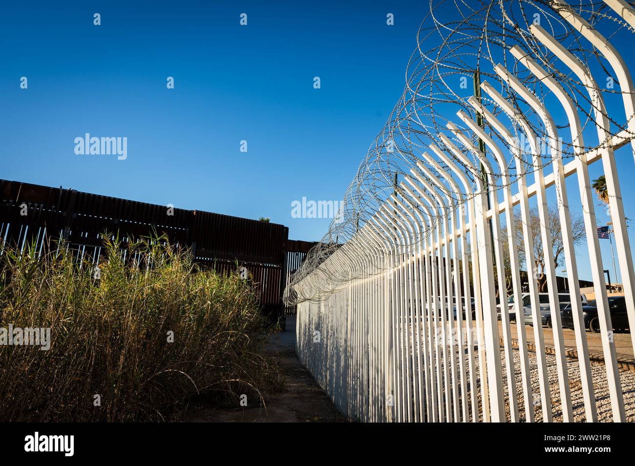 Il muro di confine degli Stati Uniti tra Yuma Arizona e Los Algodones Messico. Foto Stock