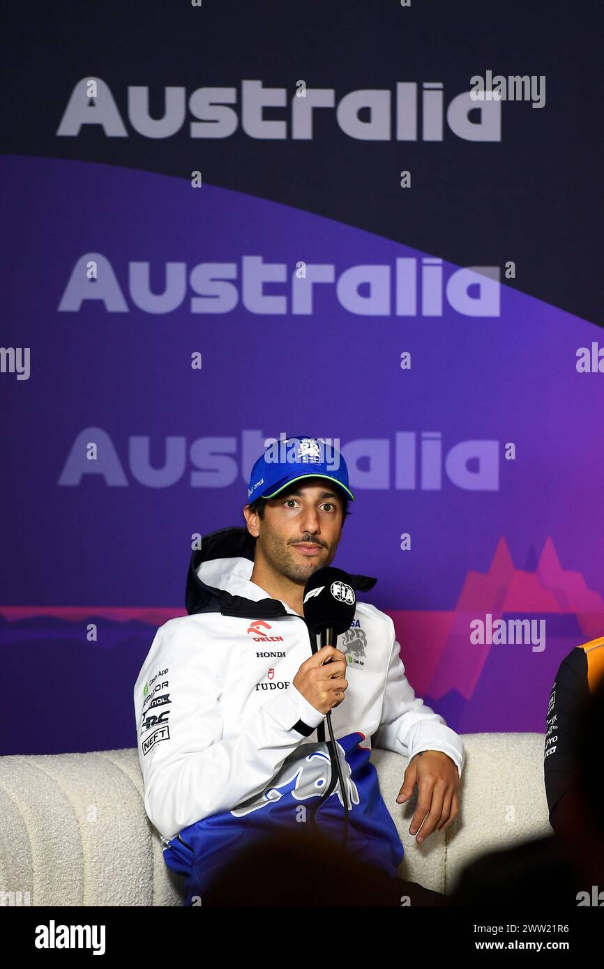 MELBOURNE, AUSTRALIA, 25 febbraio 2024. 03 Daniel Ricciardo (AUS) Visa Cash App RB F1 Team alla conferenza stampa del pilota di giovedì per il terzo round del FIA Formula 1 Rolex Australian Grand Prix 2024 dal 22 al 24 marzo presso l'Albert Park Street Circuit di Melbourne, Australia. Crediti: Karl Phillipson/Alamy Live News Foto Stock