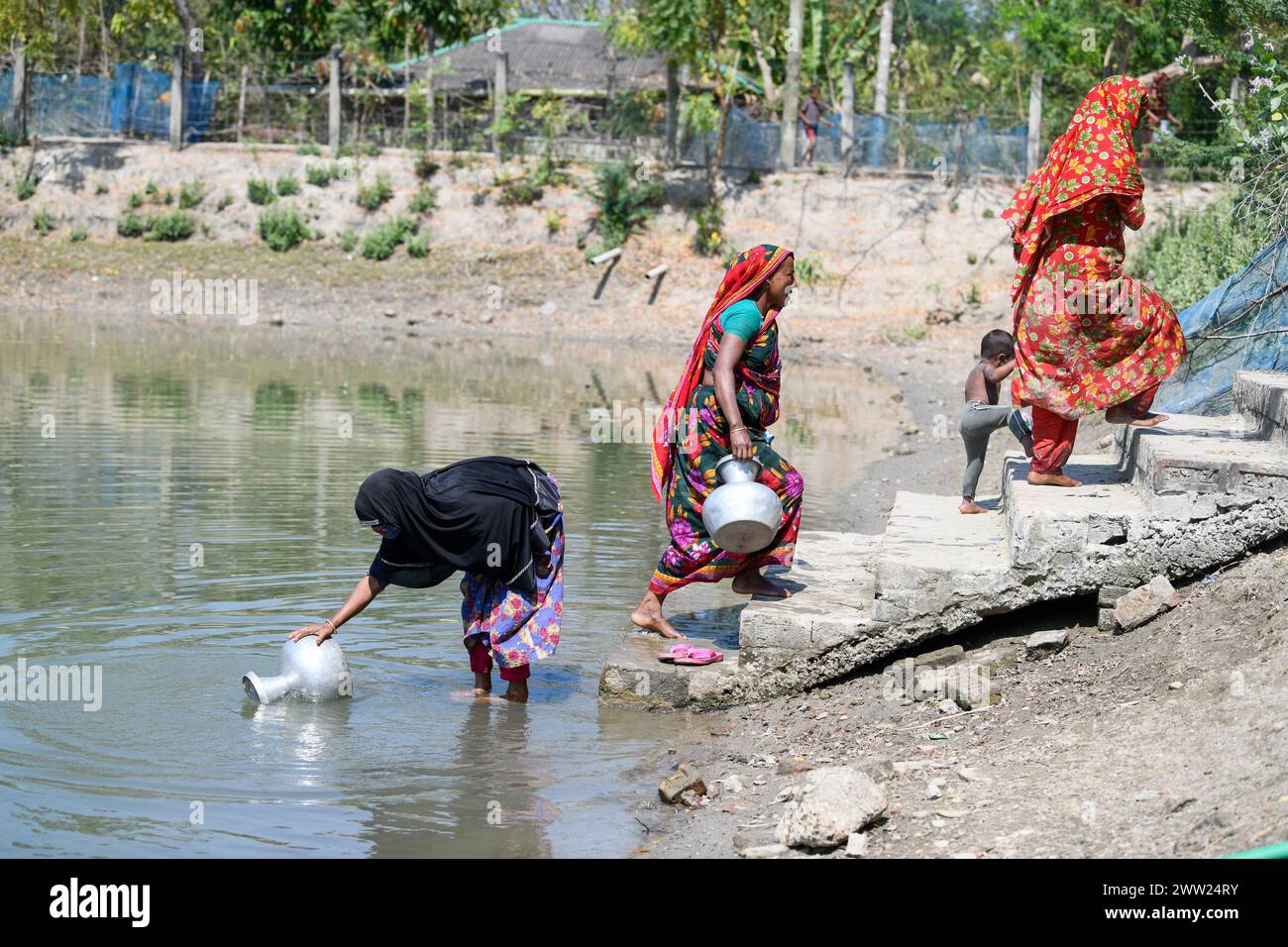 Donne che raccolgono acqua potabile da uno stagno a Shyamnagar Gabura nel distretto di Satkhira. Nel Gabura Union, distretto di Shatkhira, nel Bangladesh meridionale, i residenti stanno affrontando una terribile crisi di acqua potabile esacerbata dai cambiamenti climatici. Le persone, comprese donne e bambini, devono percorrere quotidianamente lunghe distanze per accedere a fonti di acqua sicure, aumentando i rischi per la salute derivanti dalle malattie trasmesse dall'acqua. I dati a livello di distretto costiero evidenziano percentuali significative che si trovano a fronteggiare la carenza di acqua, mentre gli ambientalisti suggeriscono che la situazione è più grave. Il calo dei livelli dell'acqua sotterranea rende il tubo anche profondo Foto Stock