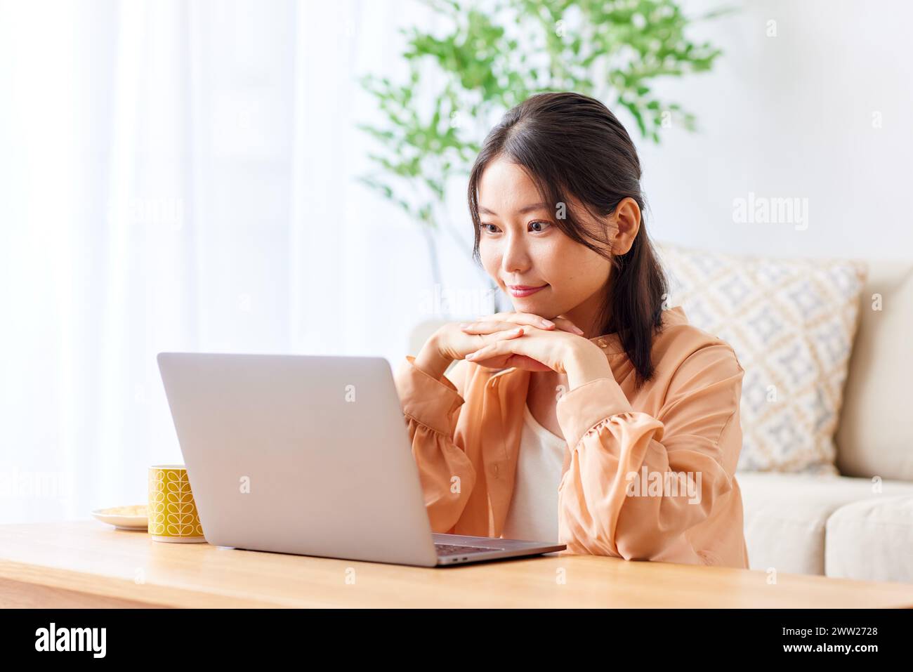 Donna asiatica utilizzando laptop in salotto Foto Stock