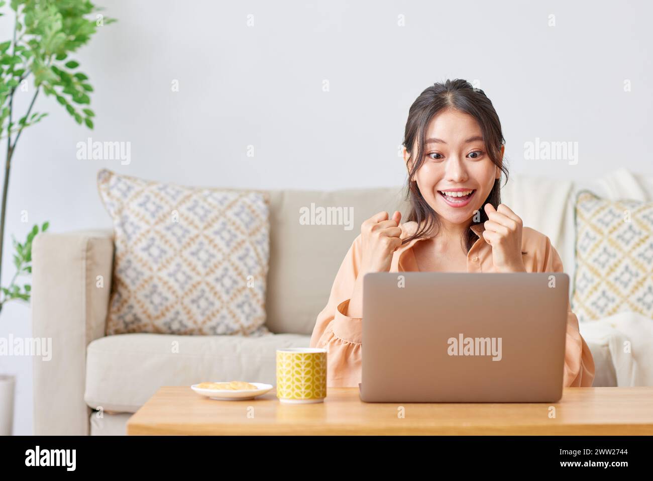 Una donna seduta su un divano con un portatile Foto Stock