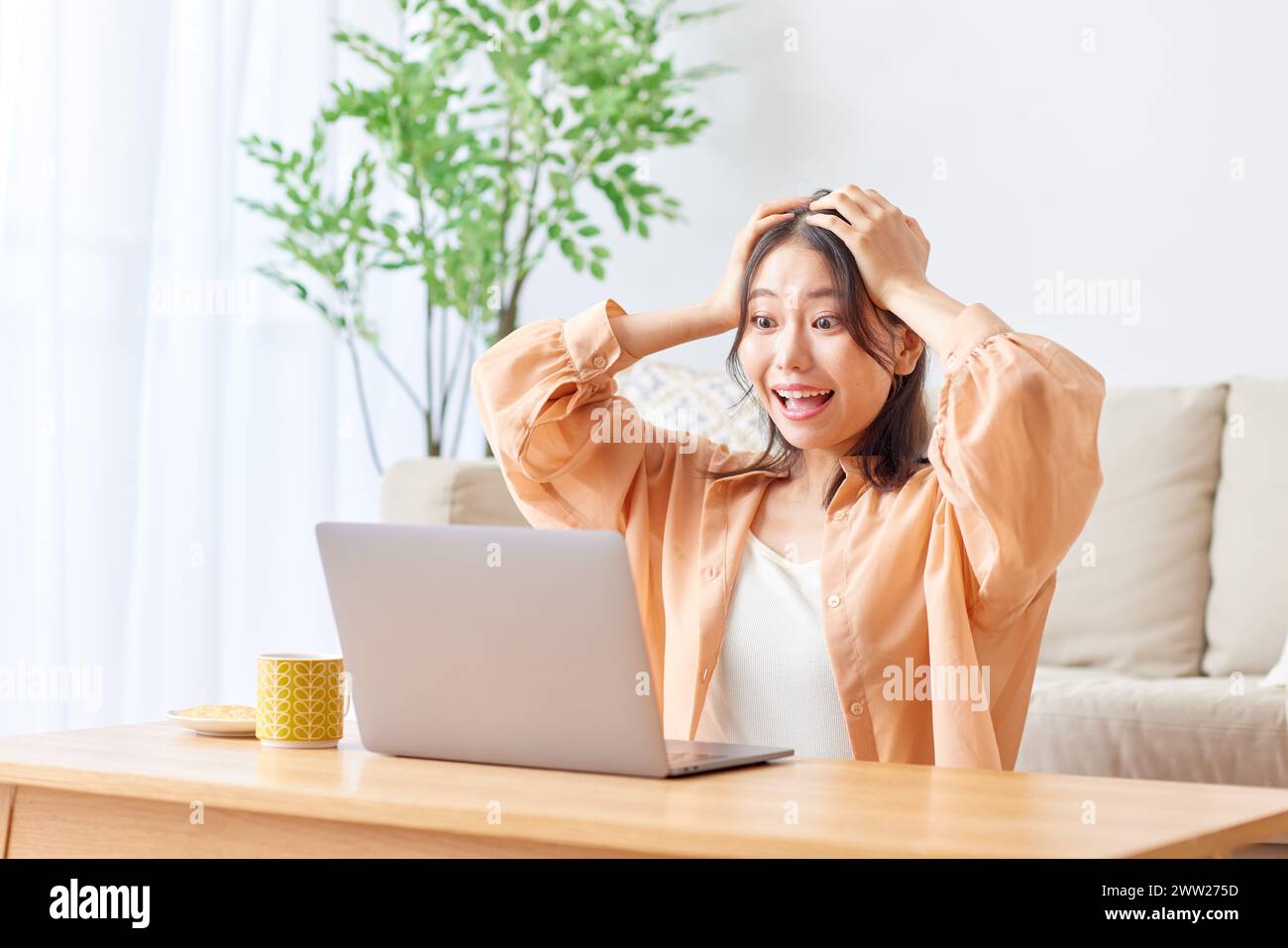 Una donna seduta davanti a un portatile e che tiene la testa Foto Stock