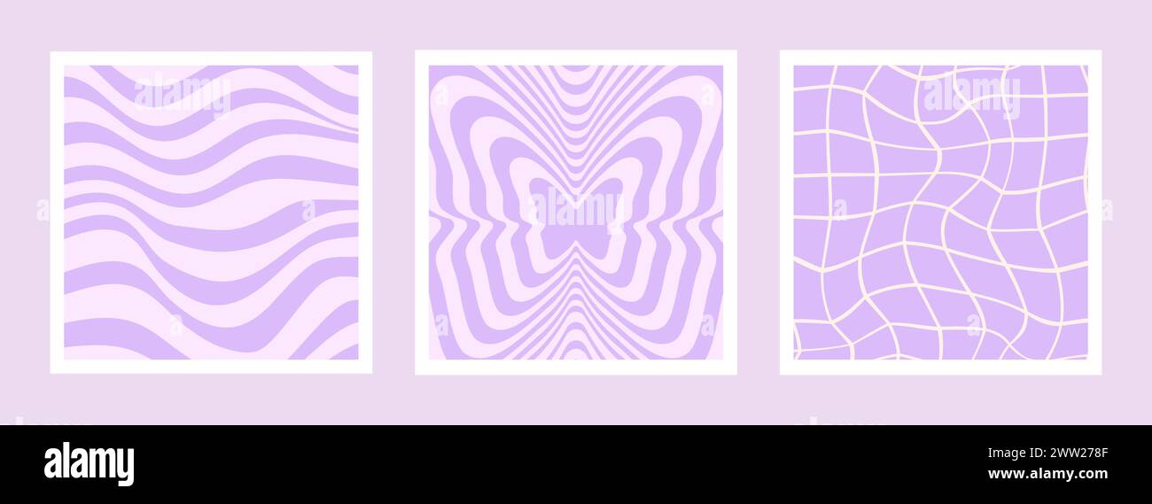 Set di sfondi scanalati astratti. Sfondi hippie. Estetica Y2K. Design intrecciato in colori viola. Illustrazione del vettore psichedelico retrò. A scacchi Illustrazione Vettoriale