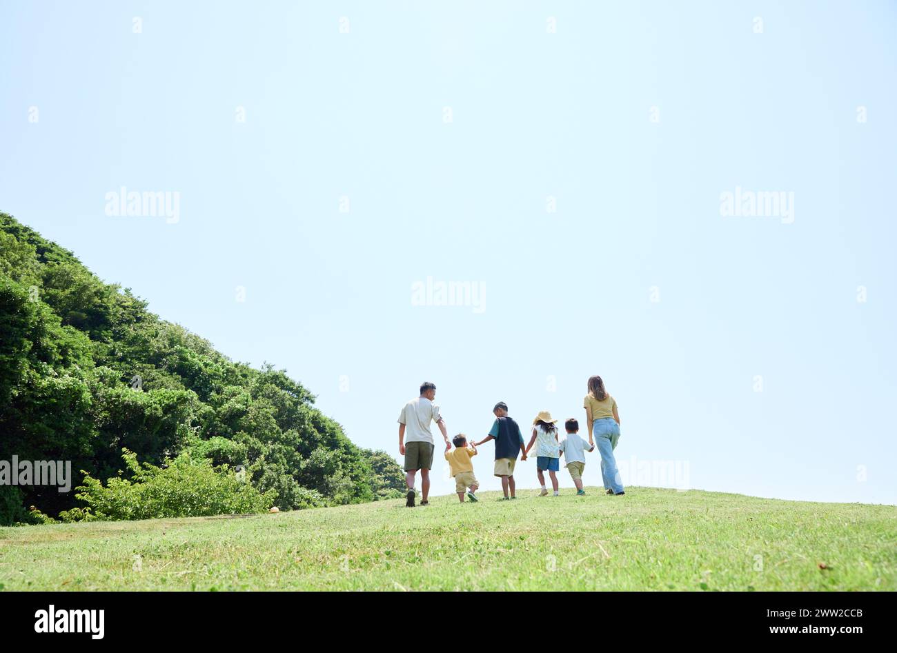 Una famiglia che cammina su una collina erbosa Foto Stock