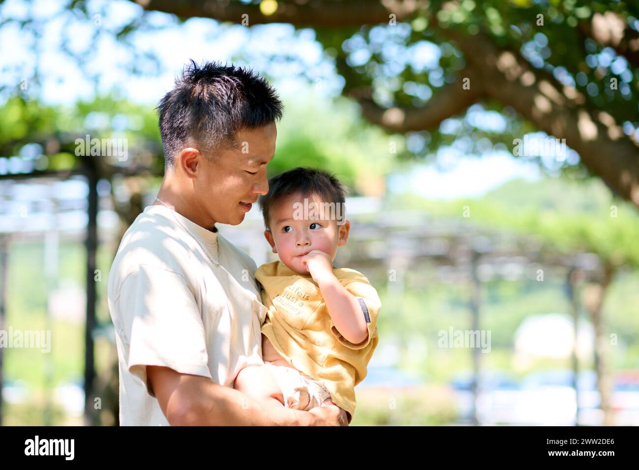 Padre e figlio asiatici nel parco Foto Stock