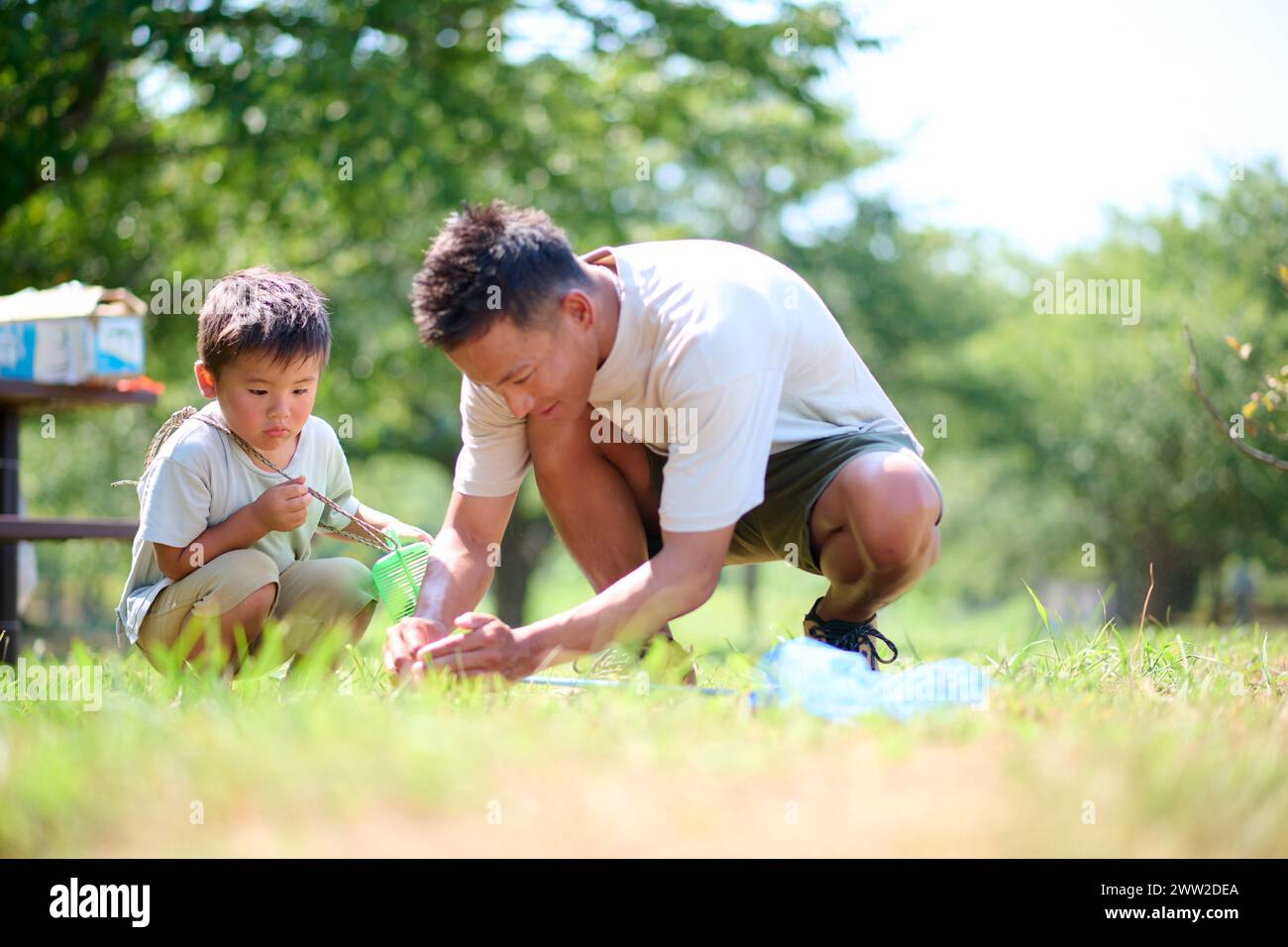 Un uomo e un ragazzo che giocano nell'erba Foto Stock
