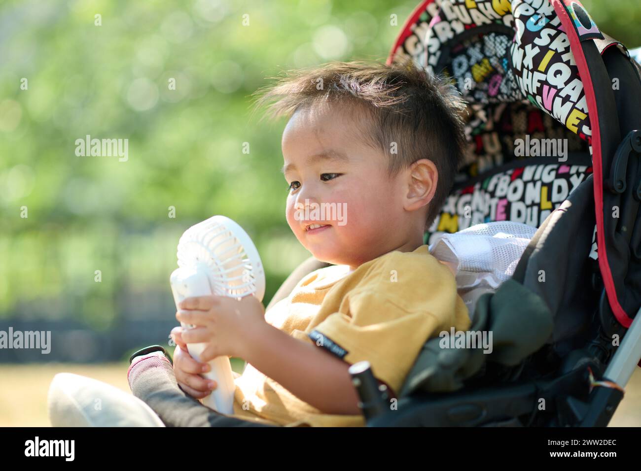 Un bambino seduto in un passeggino con un ventilatore Foto Stock