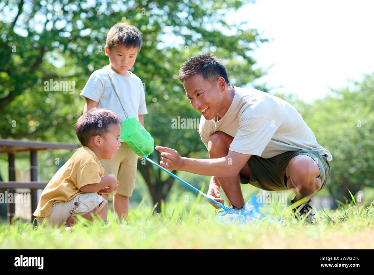 Un uomo e dei bambini che giocano nell'erba Foto Stock